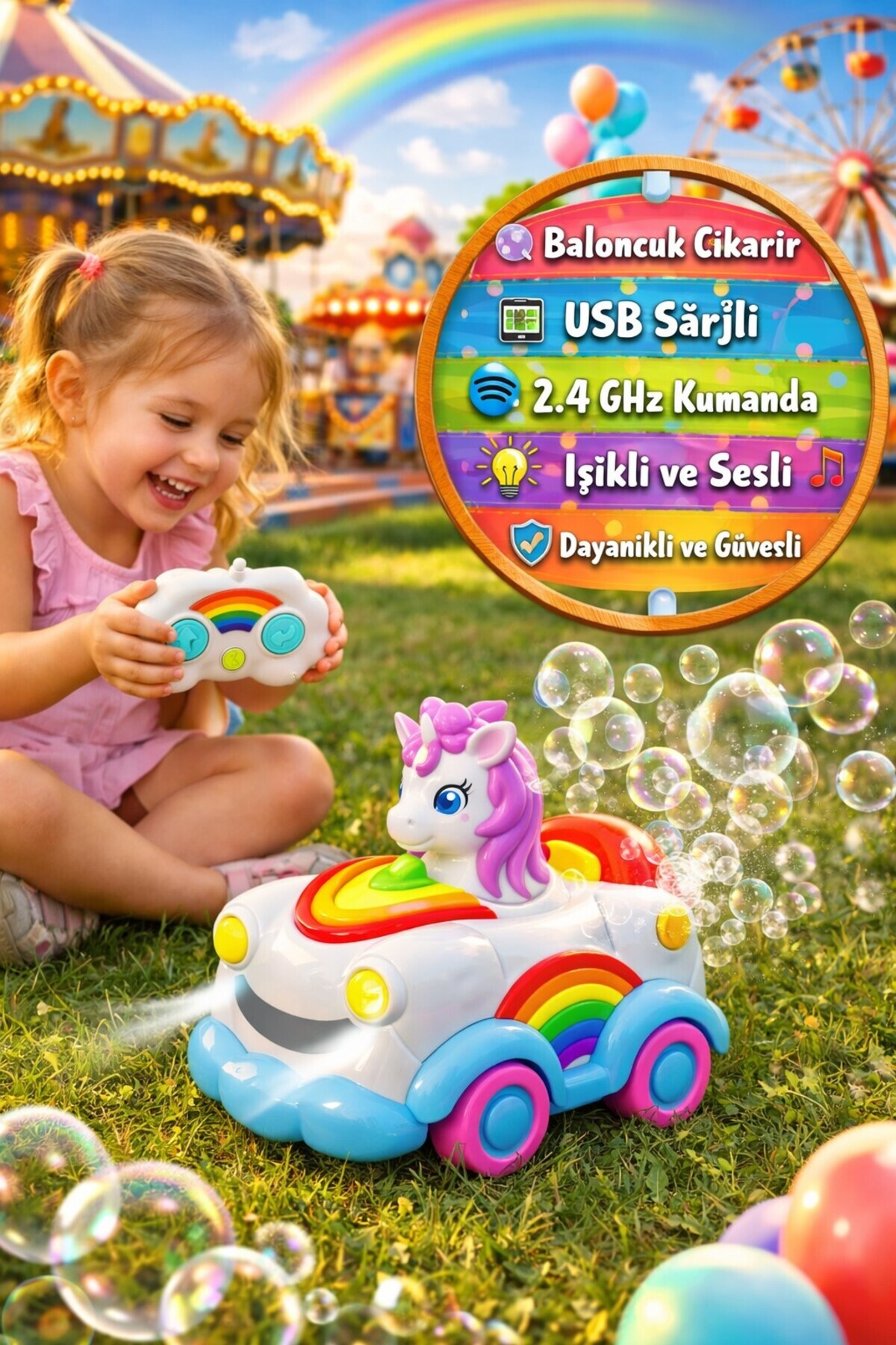 TOYFEST Unicorn Bubble Car Baloncuk Çıkartan Uzaktan Kumandalı