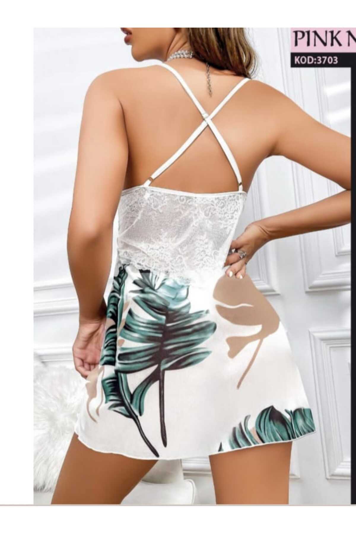 PİNKNİGHT Beyaz Desenli Dantelli Gecelik