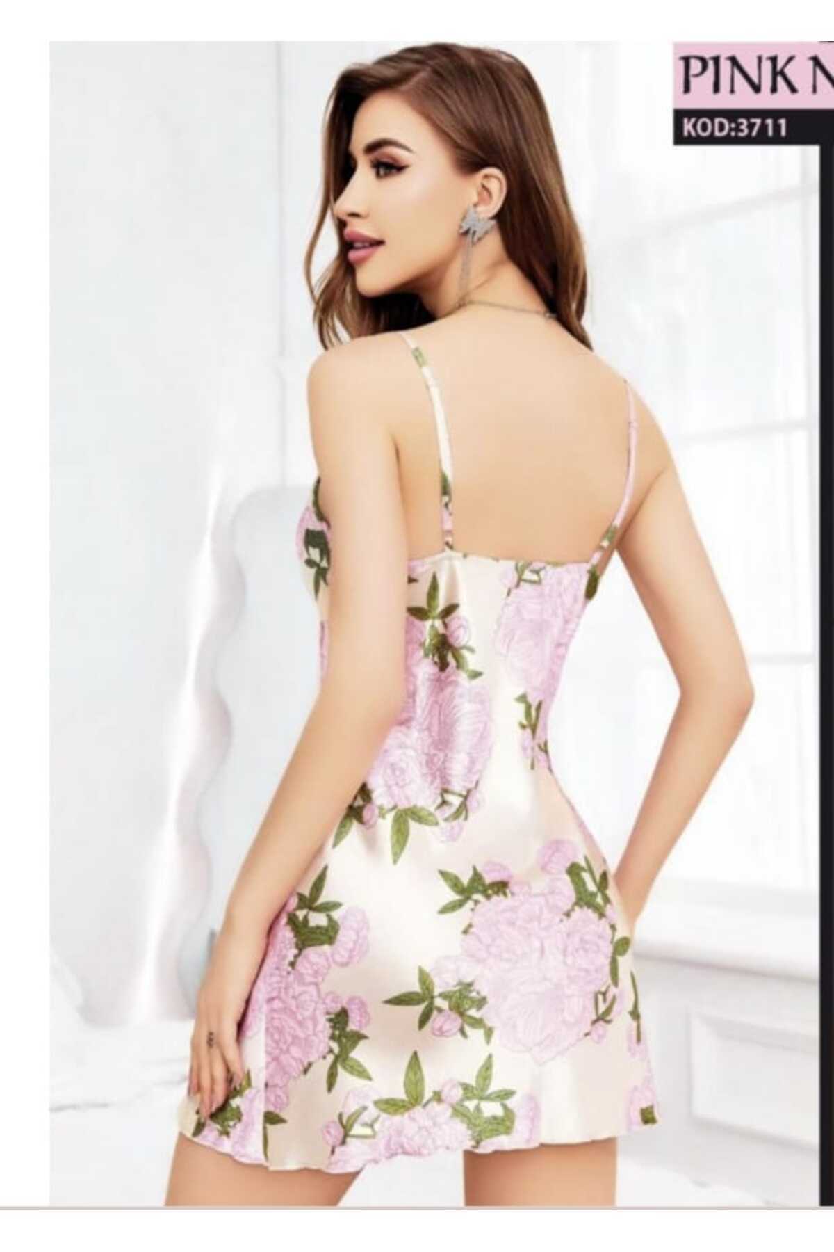 PİNKNİGHT Dantelli Beyaz Çiçekli Saten Gecelik