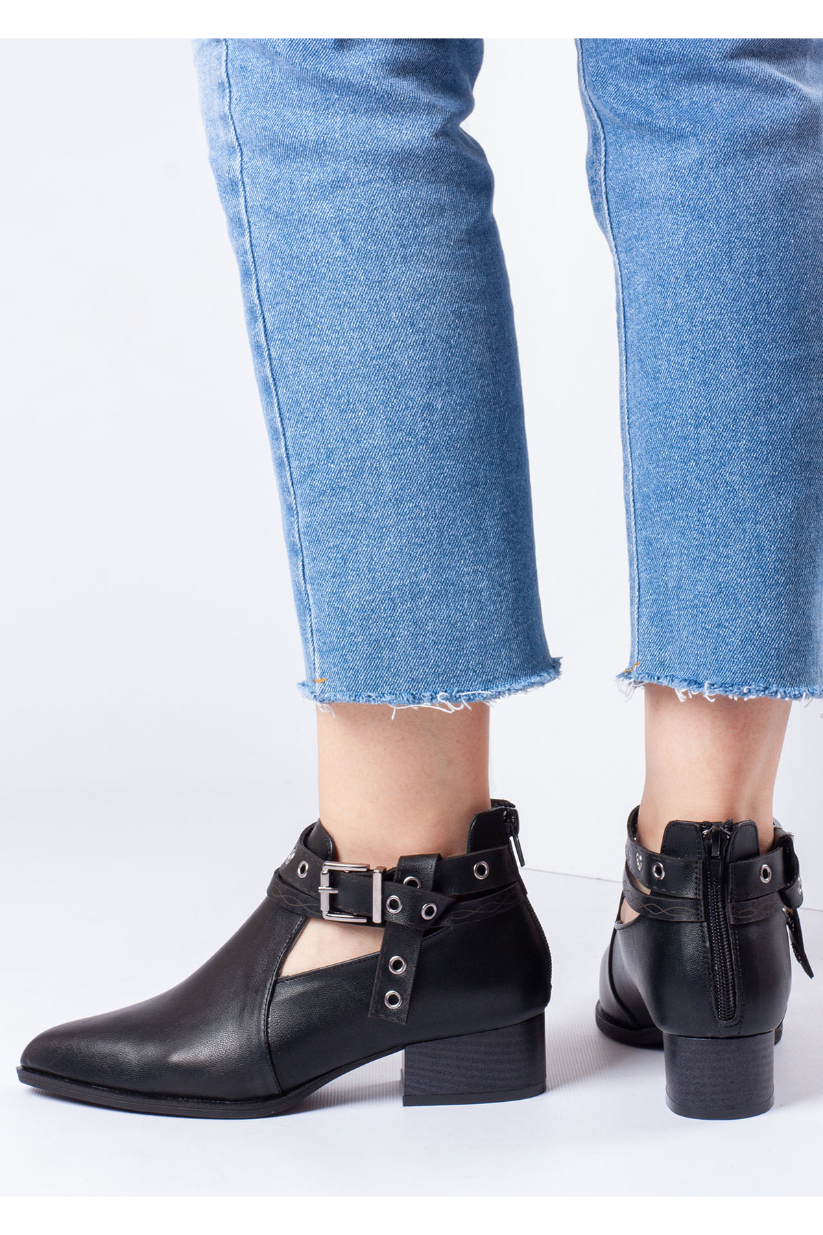 Defne Trend Store Vera Kadın Siyah Deri Ayakkabı Tokalı Bilekten Bantlı Arkadan Fermuar Günlük Rahat Kısa Bot Topuklu görsel 8