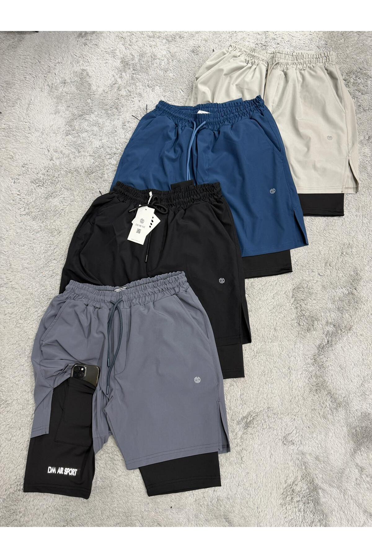 Demente  2 In 1 Şort telefon cep'li havluluk Gym Ve Fitness Astarlı Taytlı Şort - Görsel 4