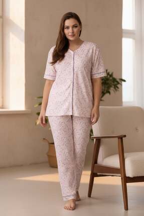 PİJAPİA Kadın Kısa Kollu Likralı Düğmeli Büyük Beden Pijama Takımı Açık Lila