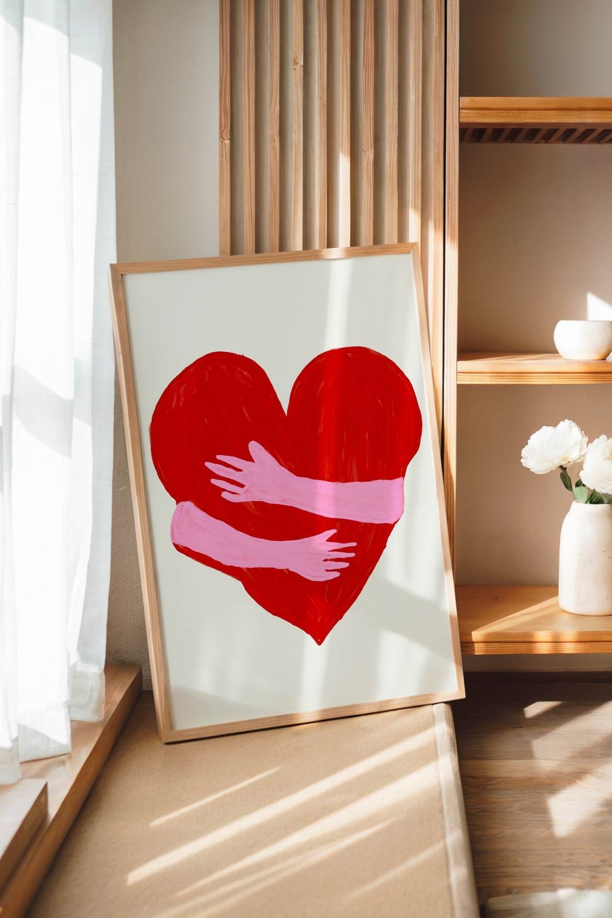 Aşk Posteri Kalp ve Sarılan Eller Romantik Duvar Dekoru Sevgiliye Hediye Çerçevesiz