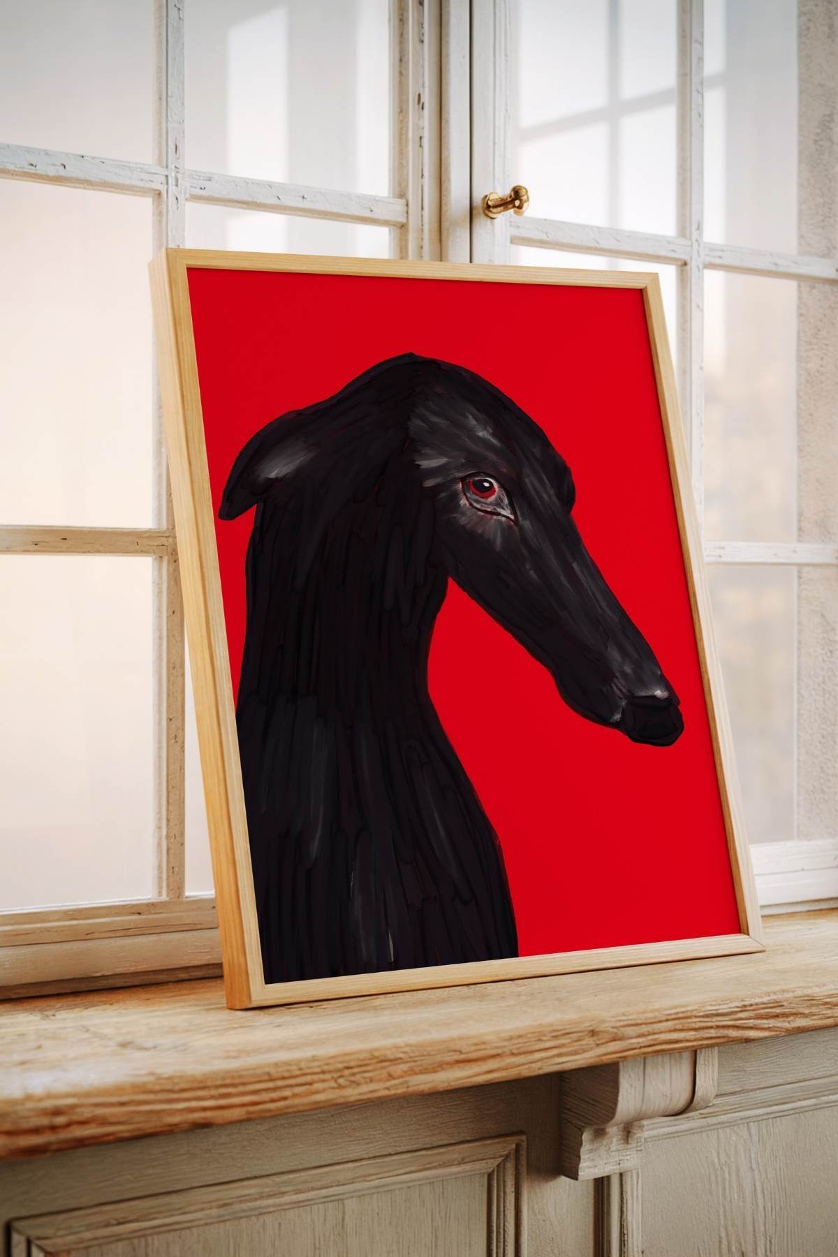 Siyah Köpek Portre Tablo Poster Kırmızı Zemin Modern Duvar Dekoru Çerçevesiz