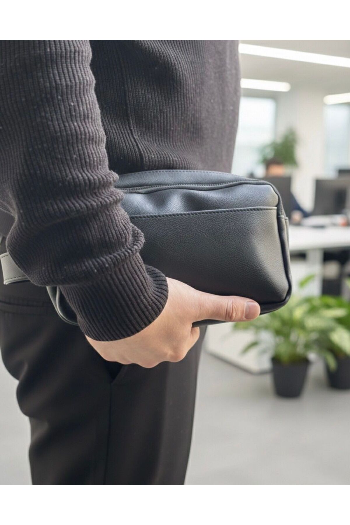 JR Boutique  Erkek El Çantası 3 Bölmeli Suni Deri Günlük Portföy Çanta - Siyah El Organizeri - Görsel 3