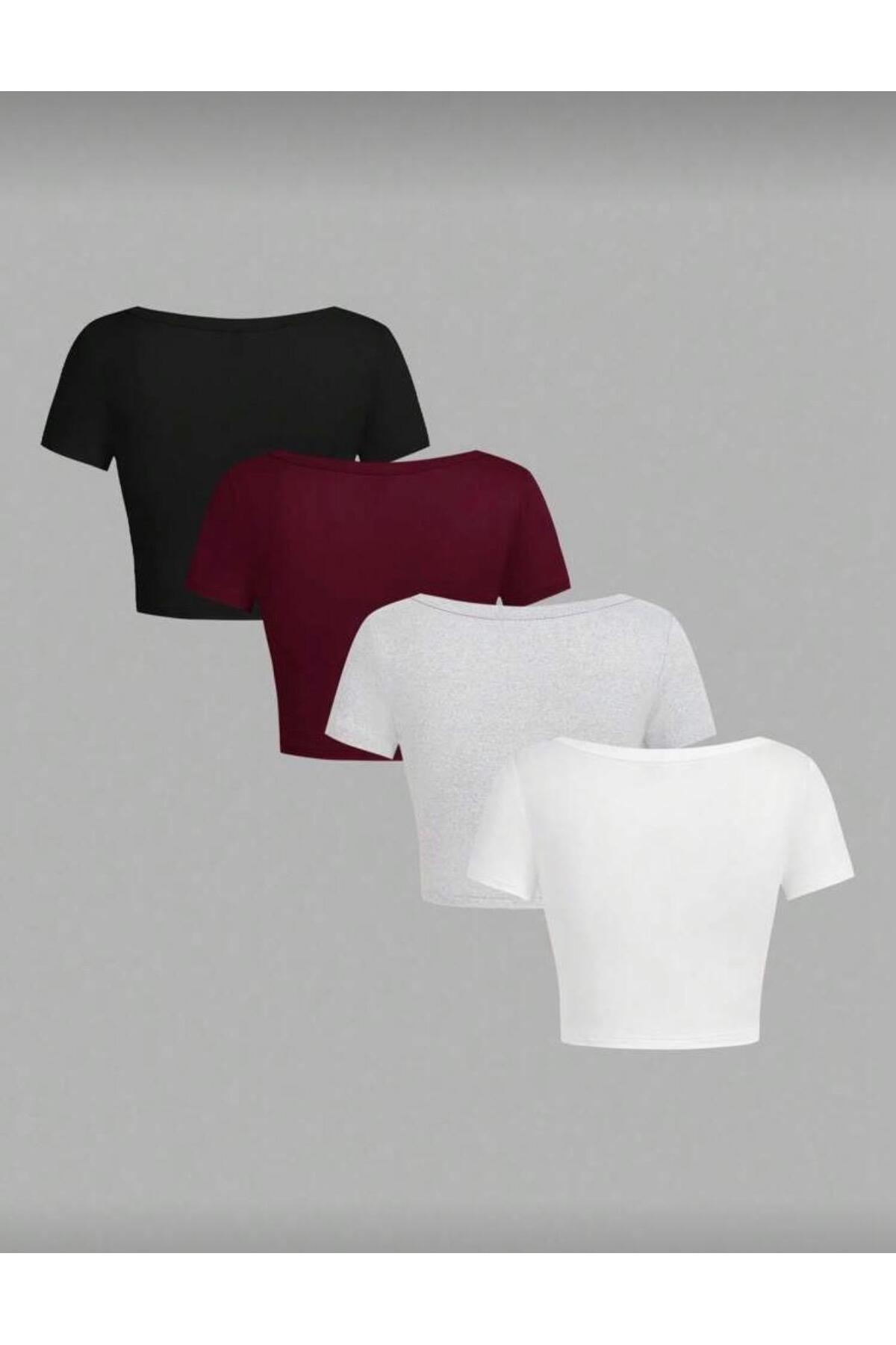 MİLYA&GYM  Kadın 4'lü Paket Fitilli Kaşkorse Pamuklu Vücuda Yapışan KARE YAKA CROP TİŞÖRT - Görsel 2