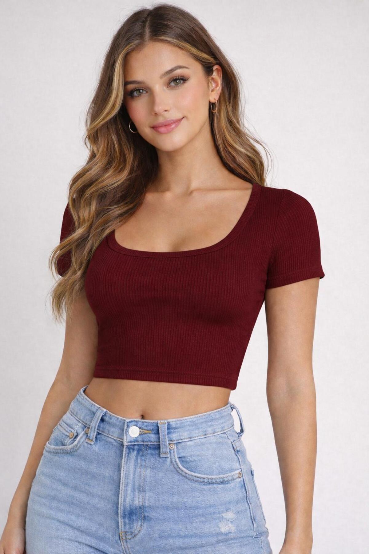 MİLYA&GYM  Kadın 4'lü Paket Fitilli Kaşkorse Pamuklu Vücuda Yapışan KARE YAKA CROP TİŞÖRT - Görsel 6