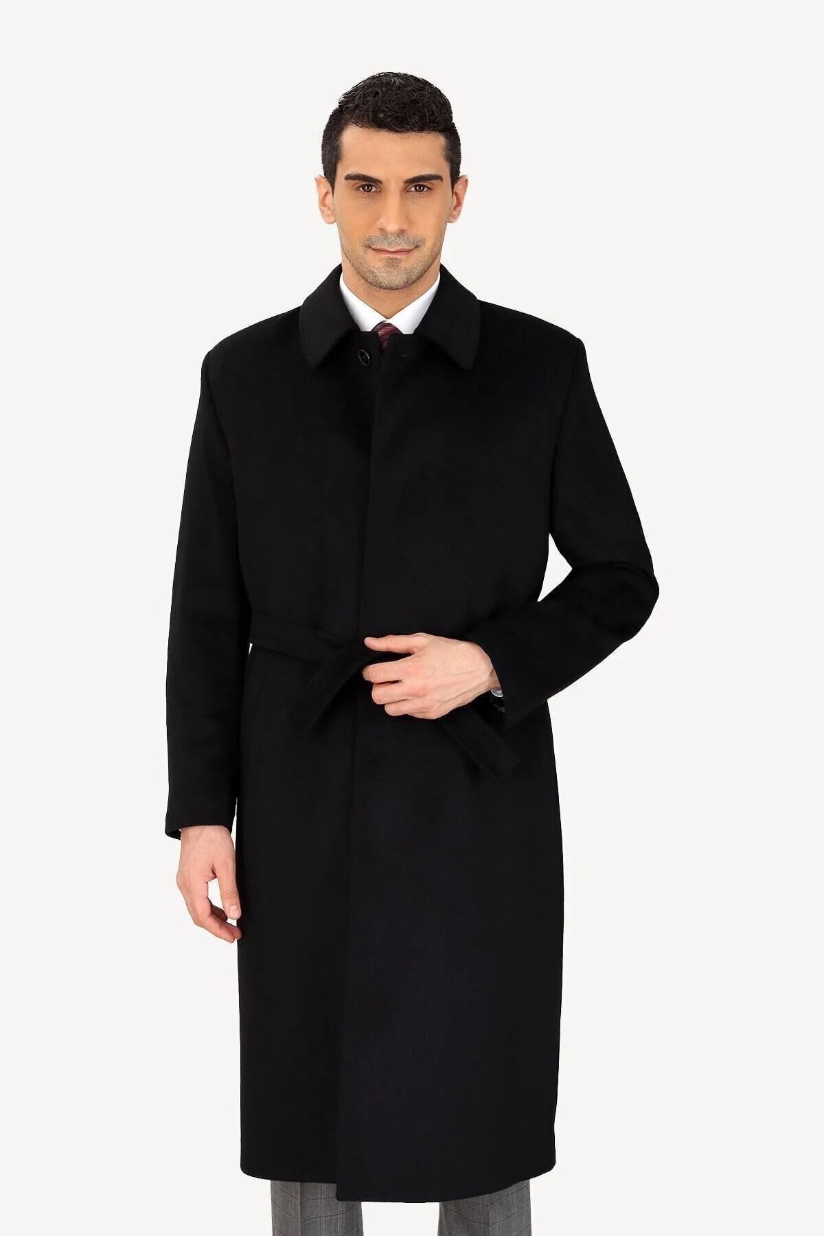 DostumGiyim  Erkek Siyah Regular Fit Yünlü Uzun Kuşaklı Palto Kaşe Kaban Şık Gece Gömlek Yaka Klasik - Görsel 2