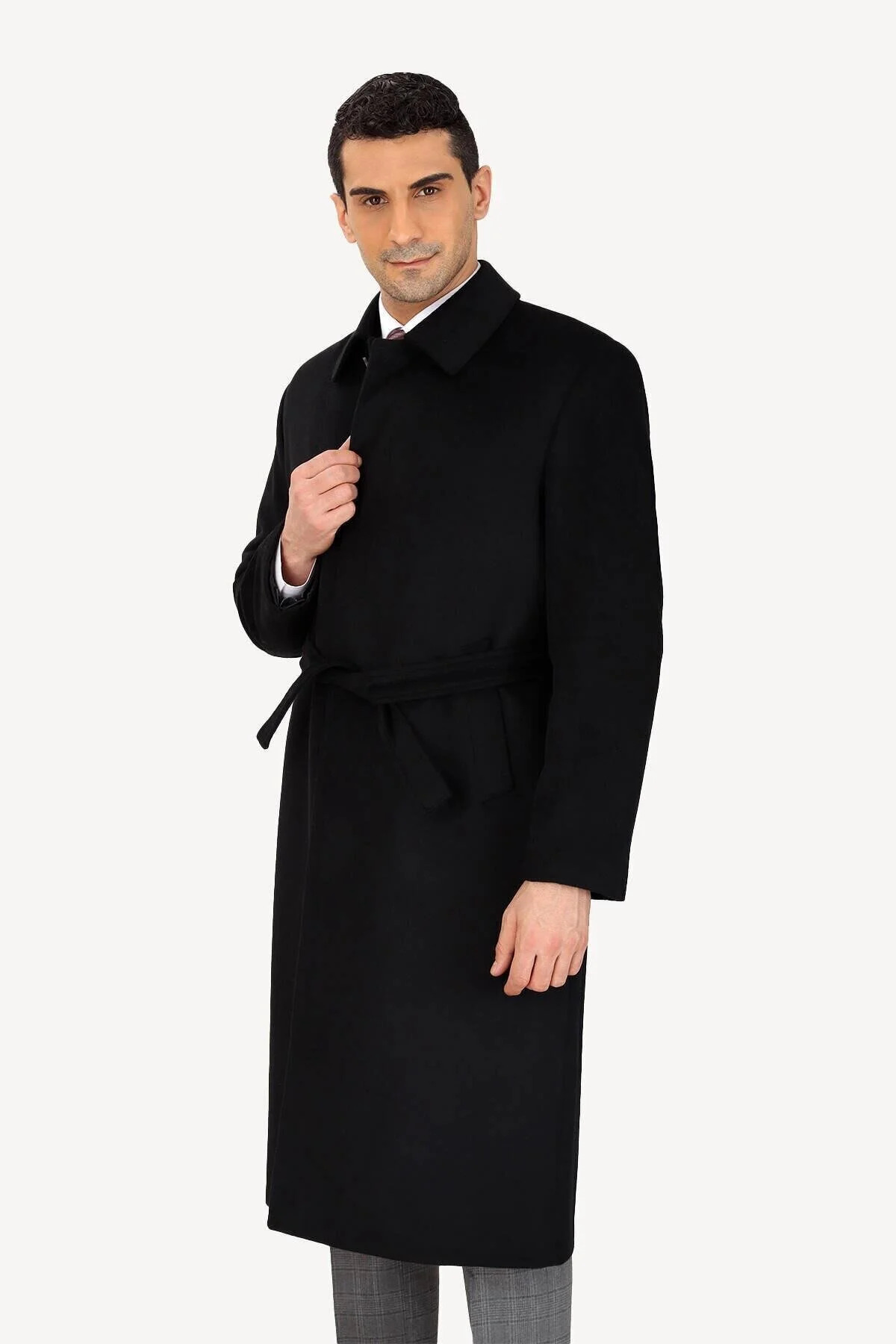 DostumGiyim  Erkek Siyah Regular Fit Yünlü Uzun Kuşaklı Palto Kaşe Kaban Şık Gece Gömlek Yaka Klasik - Görsel 3