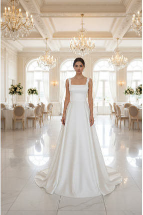 Elif Naz Moda Evi beyaz uzun kare yaka pleli etek nikah düğün elbisesi