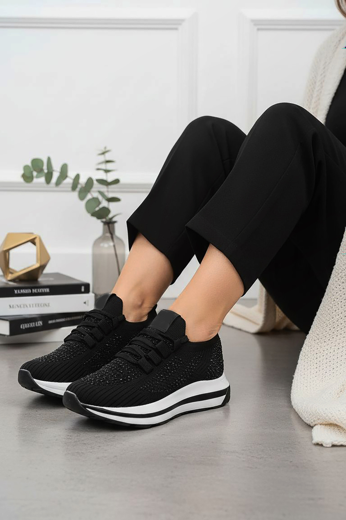 Modaarmada  Taşlı siyah triko kadın sneaker - Görsel 3