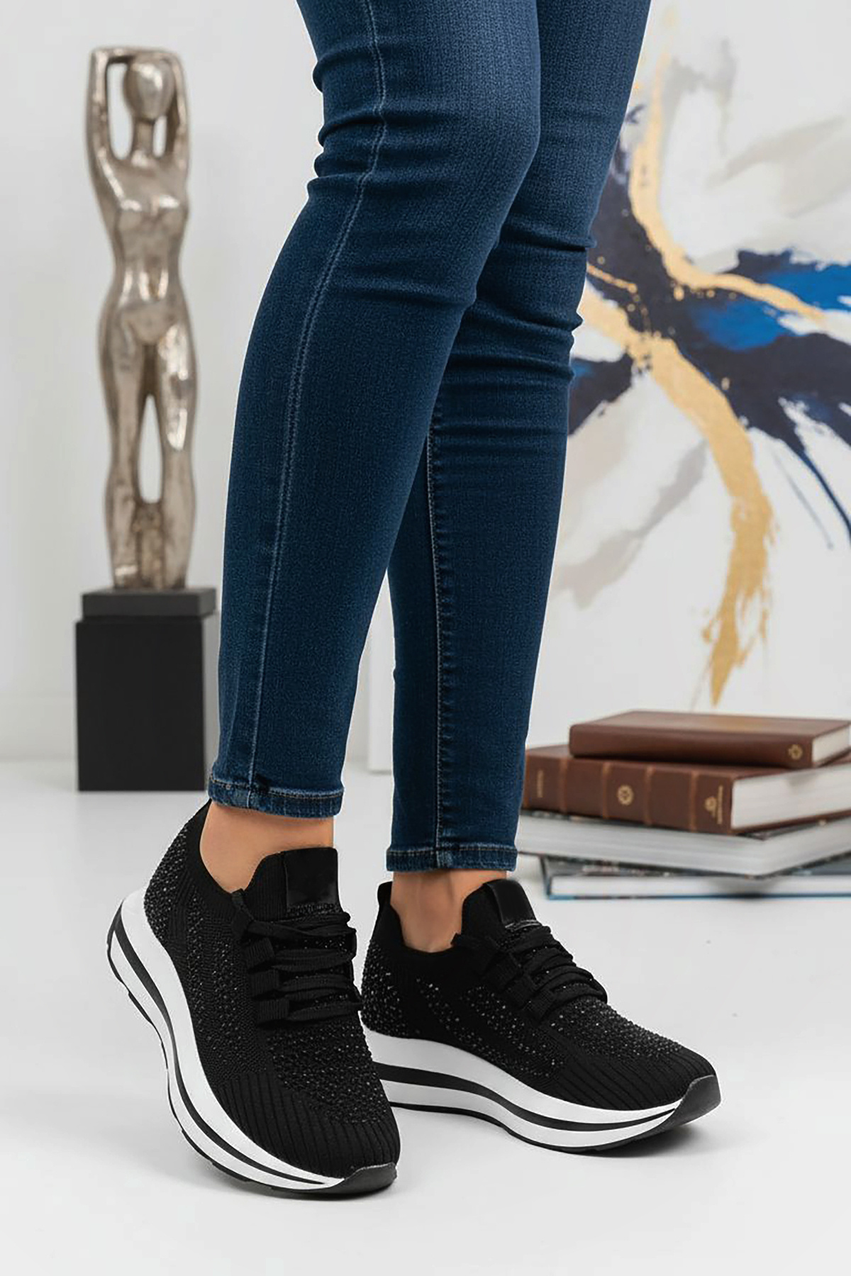 Modaarmada  Taşlı siyah triko kadın sneaker - Görsel 2