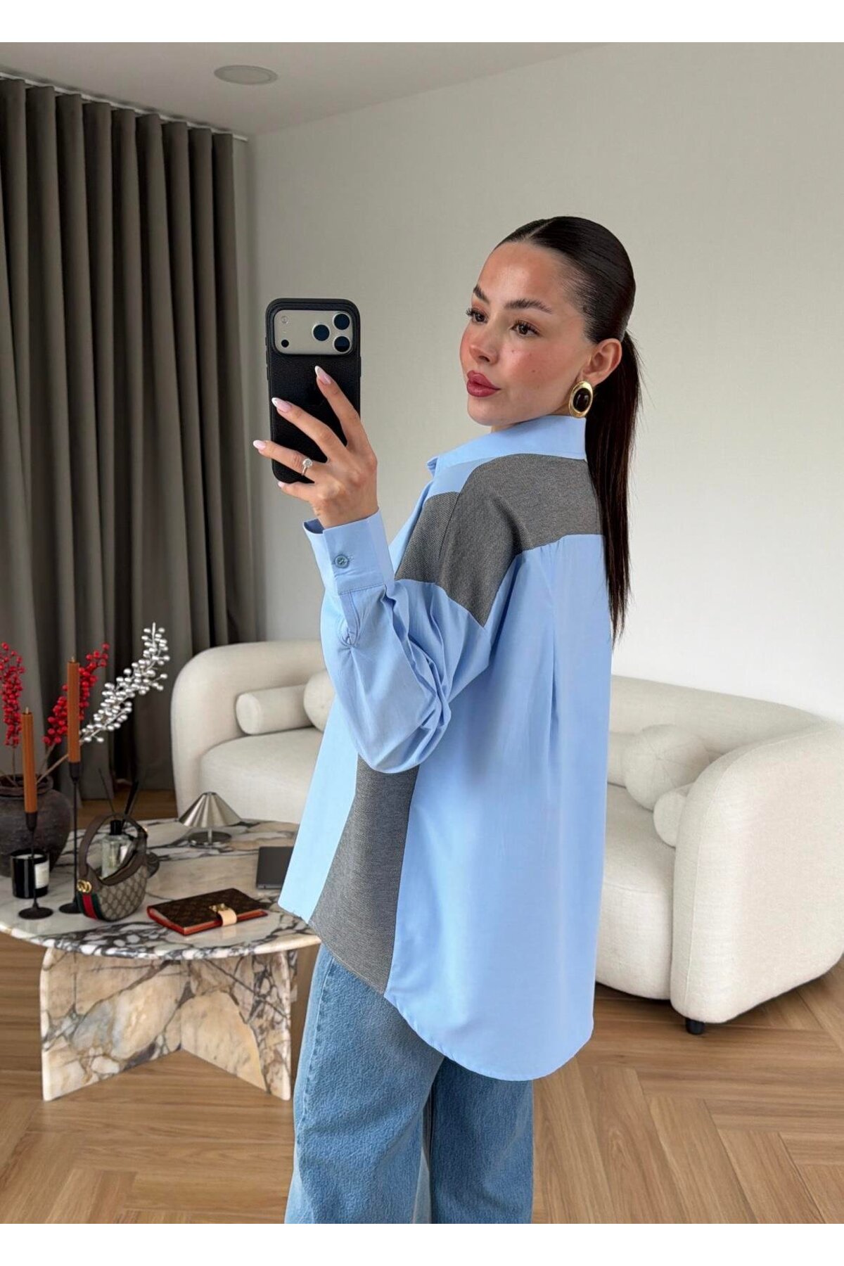 Selin Damla  Kadın Triko Mixli Taşlı Mavi Gömlek - Görsel 4