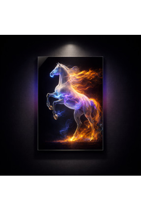MAVEN Şahlanan At Cam Tablo Neon Alev Efektli Dekoratif Duvar Tablosu