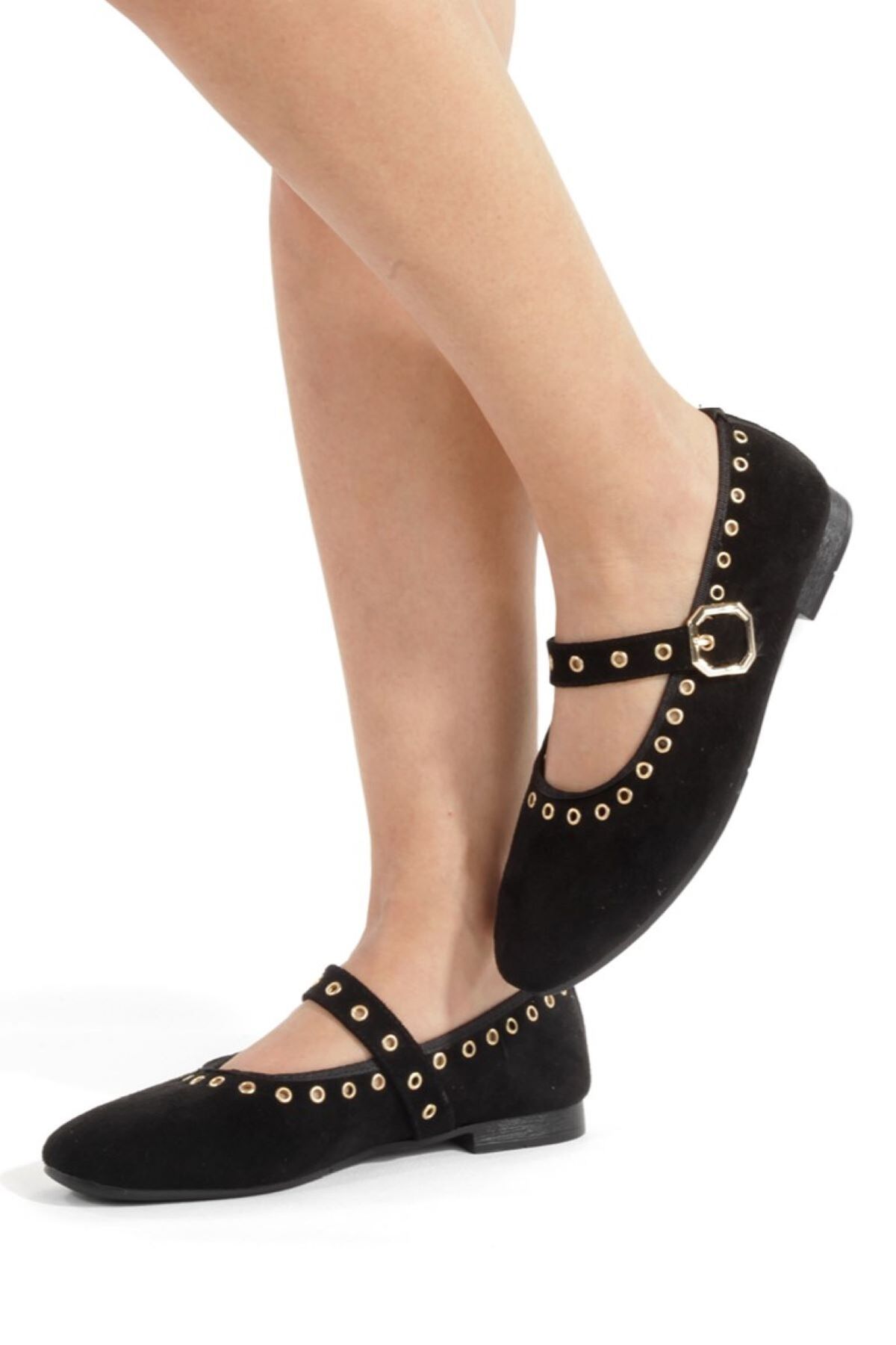 PAYZİN  Siyah Süet Yuvarlak Burunlu Kapsüllü Baretli Ortopedik Düz Tabanlı Kapalı Babet Yeni Sezon - Görsel 4