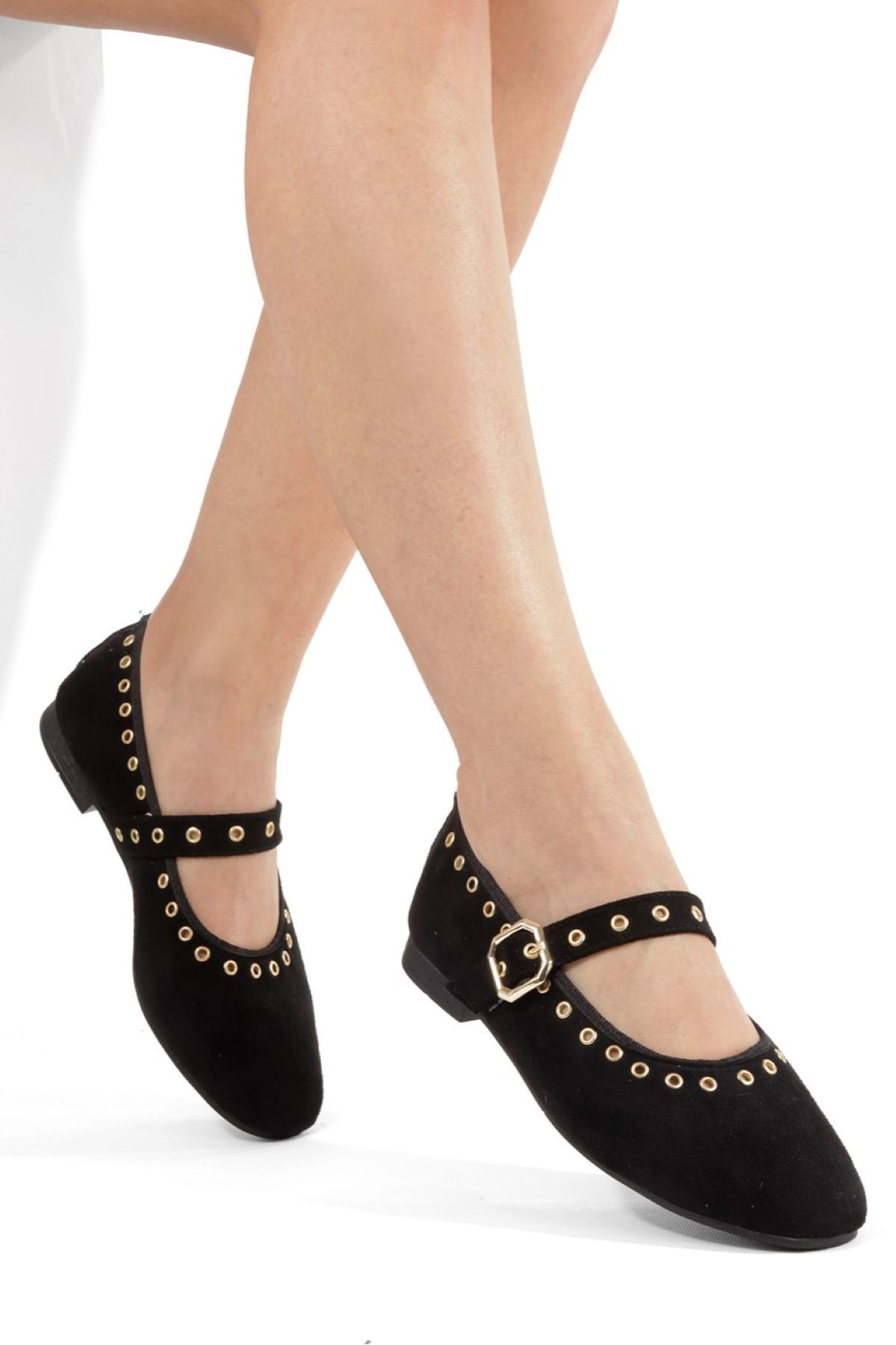 PAYZİN  Siyah Süet Yuvarlak Burunlu Kapsüllü Baretli Ortopedik Düz Tabanlı Kapalı Babet Yeni Sezon - Görsel 2