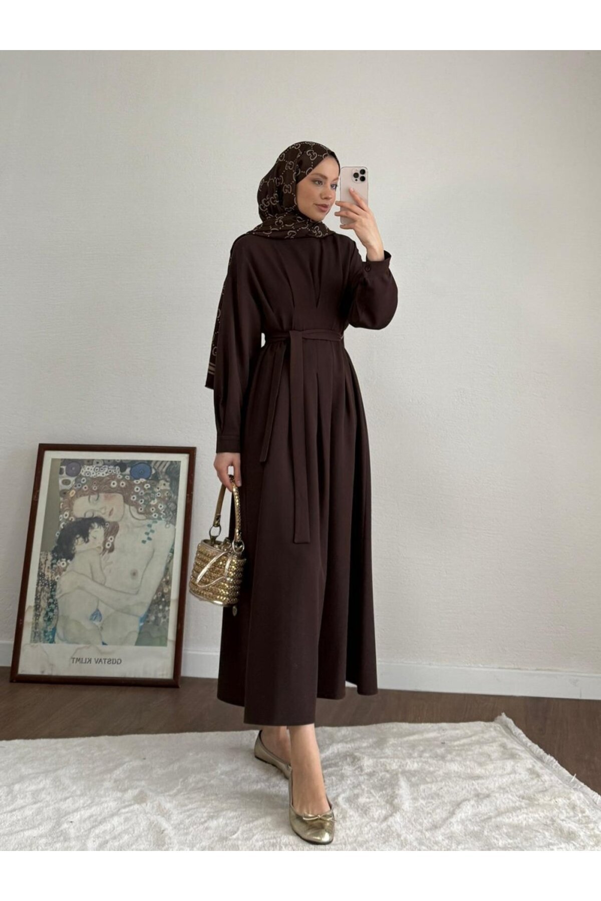 RFK Butik  Kadın Pensli Double Kumaş Elbise - Kahverengi - Görsel 5