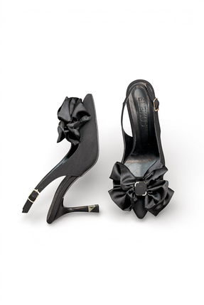 HANZE Kadın Siyah Orta Topuk Stiletto Saten Fiyonklu Yeni Sezon F6172