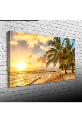 Energic Sahilde Palmiyeler ve Günbatımı Kanvas Tablo 60 x 120