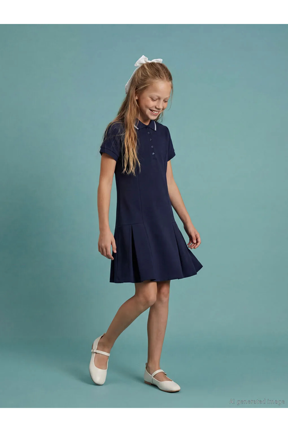 LC Waikiki LCW Kids Lacivert Pileli Polo Yaka Kız Çocuk Elbise