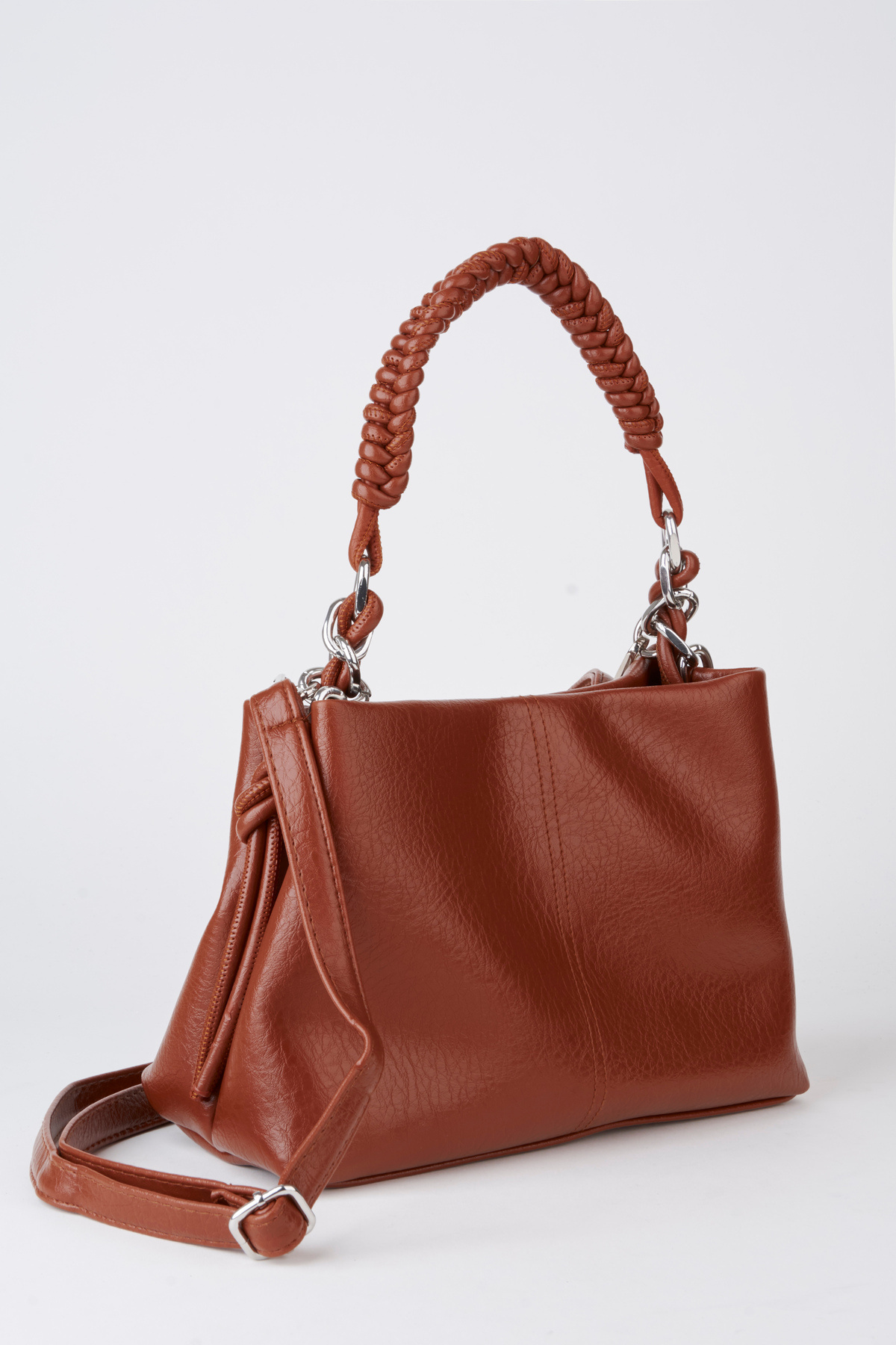 Women Tan Faux Leather Mesh Strap Lined Zipper Closure Hand Sleeve And Shoulder Bag