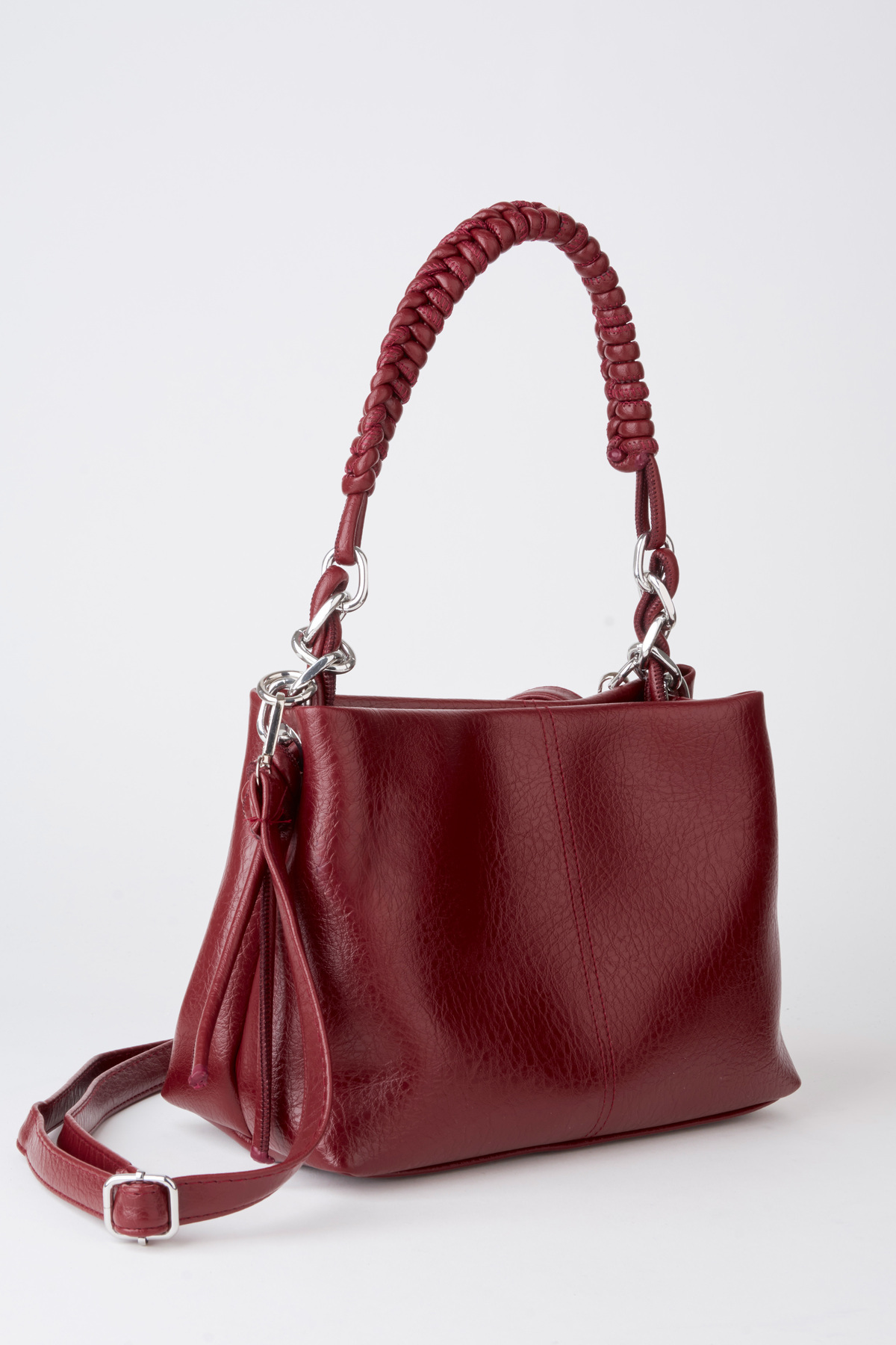 Women's Claret Red Faux Leather Mesh Strap Lined Zipper Closure Hand Sleeve And Shoulder Bag