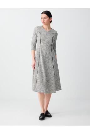 Jimmy Key Gri Melanj Dar Kesim Bisiklet Yaka Uzun Kollu Jakarlı Midi Elbise