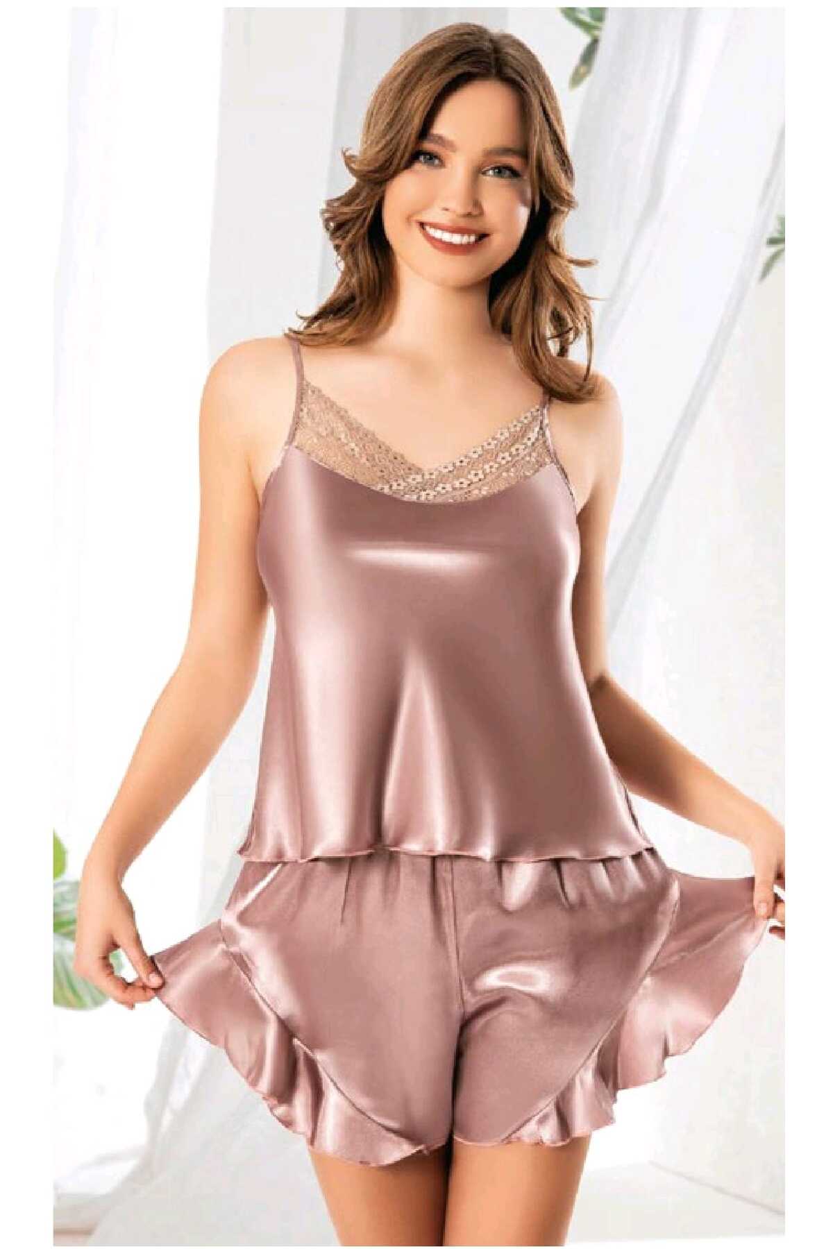 MARİA CALZE Lüks Detaylı Şortlu Saten Gecelik Takımı