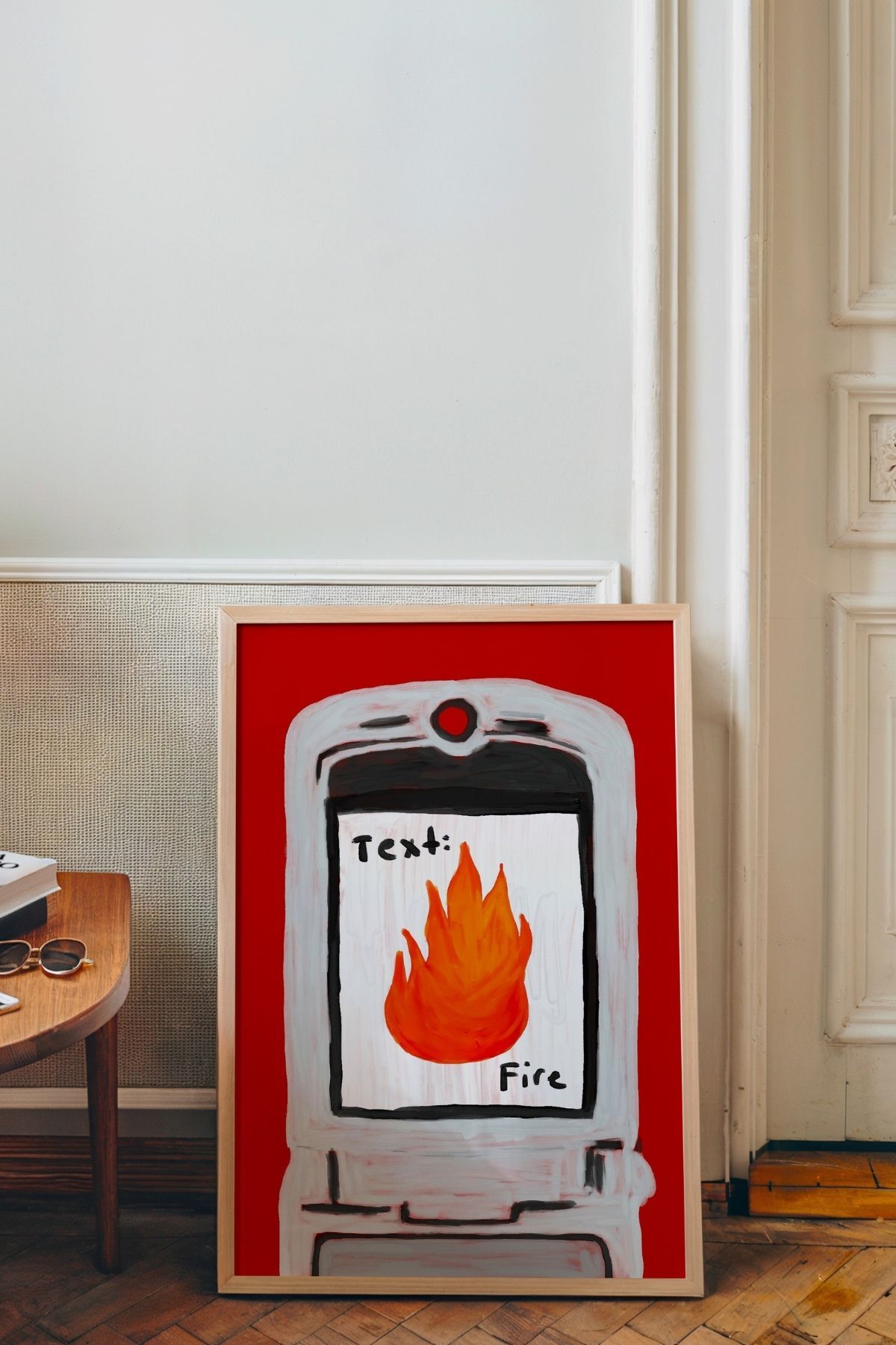 Modern Tablo Poster Kırmızı Zeminli Alevli Telefon Duvar Dekoru Genç Odası Tablosu Çerçevesiz