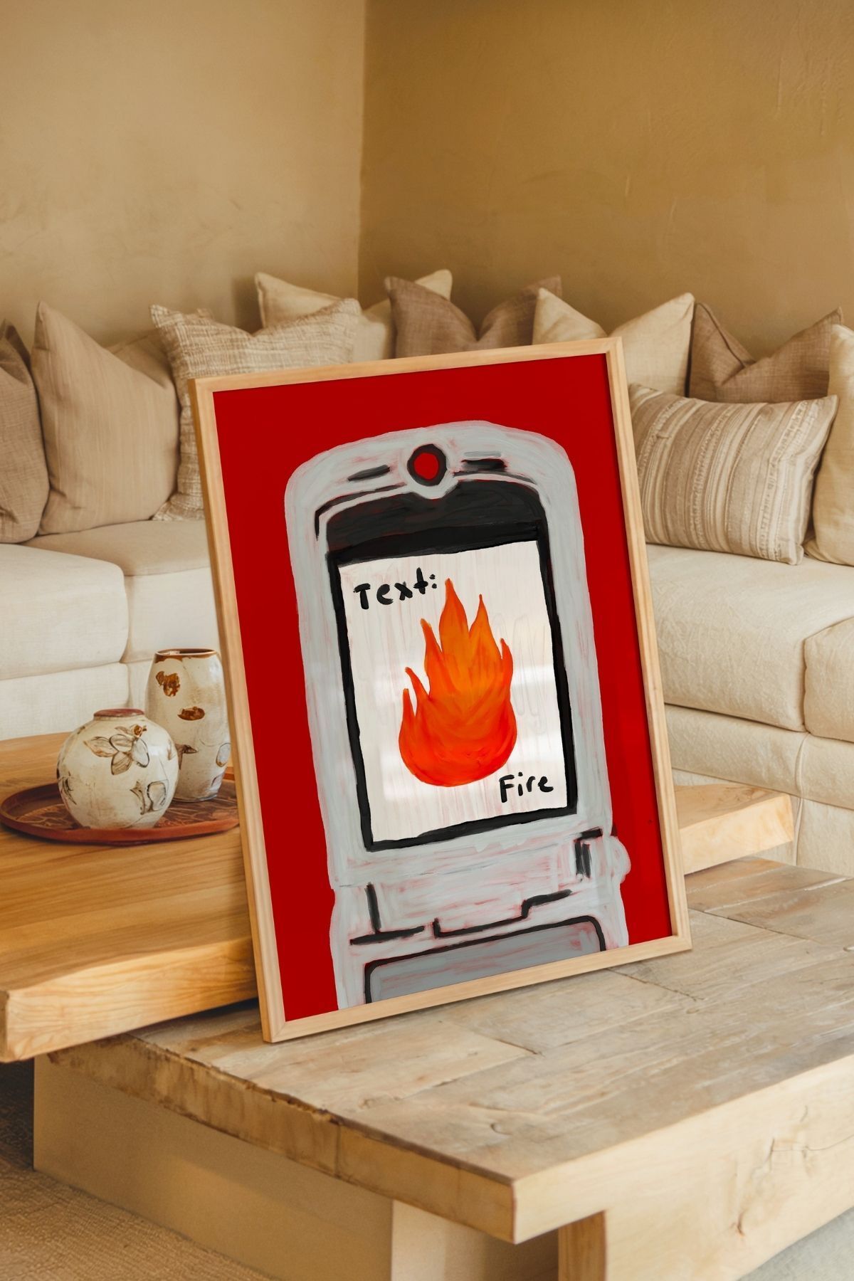 Modern Tablo Poster Kırmızı Zeminli Alevli Telefon Duvar Dekoru Genç Odası Tablosu Çerçevesiz