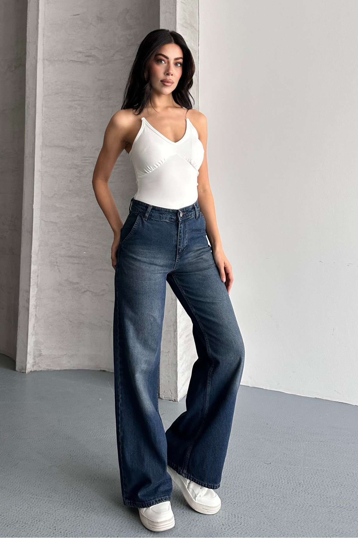 macharel jeans  Kadın Yüksek Bel Jean Yan Cep Kot Palazzo Pantolon - Görsel 3