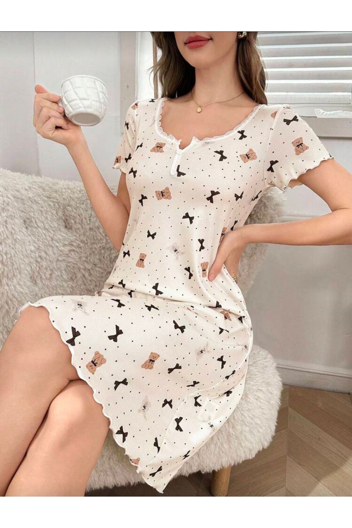 Jermo KADIN BASKILI PENYE DANTEL DETAYLI GECELIK