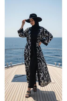 new ats Hijab Siyah Beyaz Desenli Tesettür Mayo Takım Kimono Pareo 4 lü set