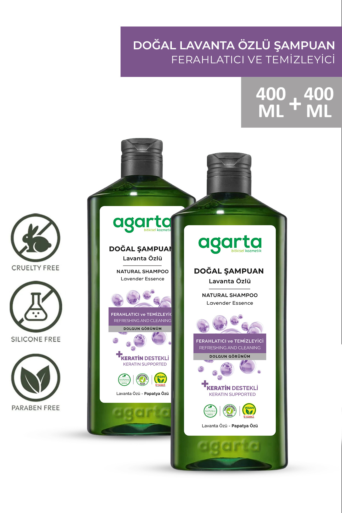 Agarta 2 Adet Lavanta Özlü Arındırıcı Tuzsuz Şampuan 400 ml
