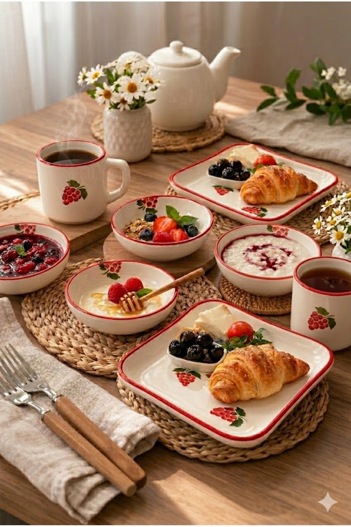 Ceramic Grape Patterned 8-Piece Breakfast Set – Red Edge Bowl, Serving Plate and Mug