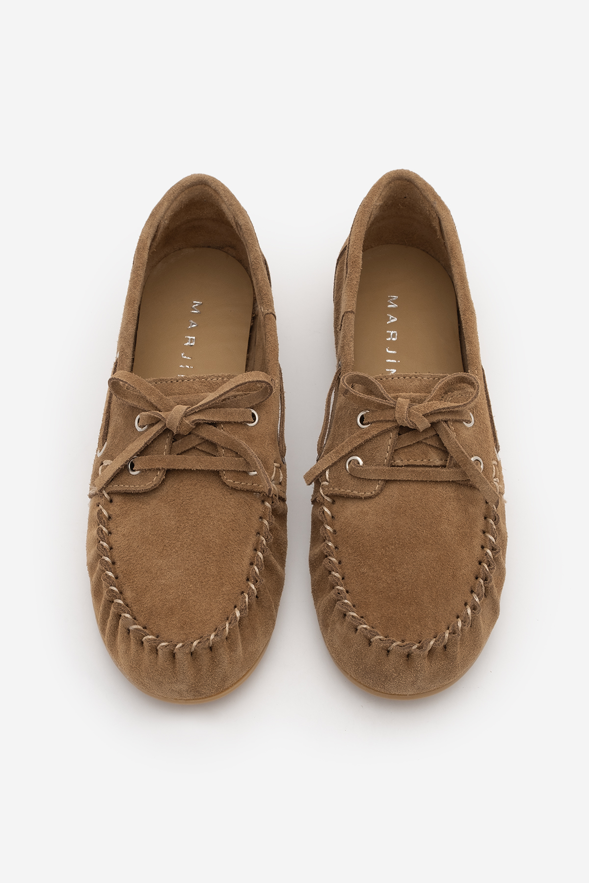 Marjin Kadın Oval Burun Hakiki Deri Bağcıklı Makosen Büzgülü Loafer Günlük Ayakkabı Rudez Camel Süet görsel 7