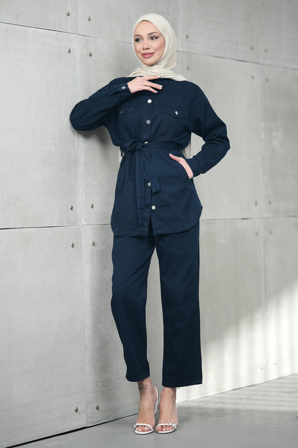 İmajButik Navy Blue Bel Tie-Detail Pocketed Jacket and Trousers Denim Suit