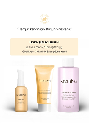 Kremiva 3’lü Işıltılı Cilt Seti – C Vitamini Serum + Glikolik asit + SPF 50+ ...