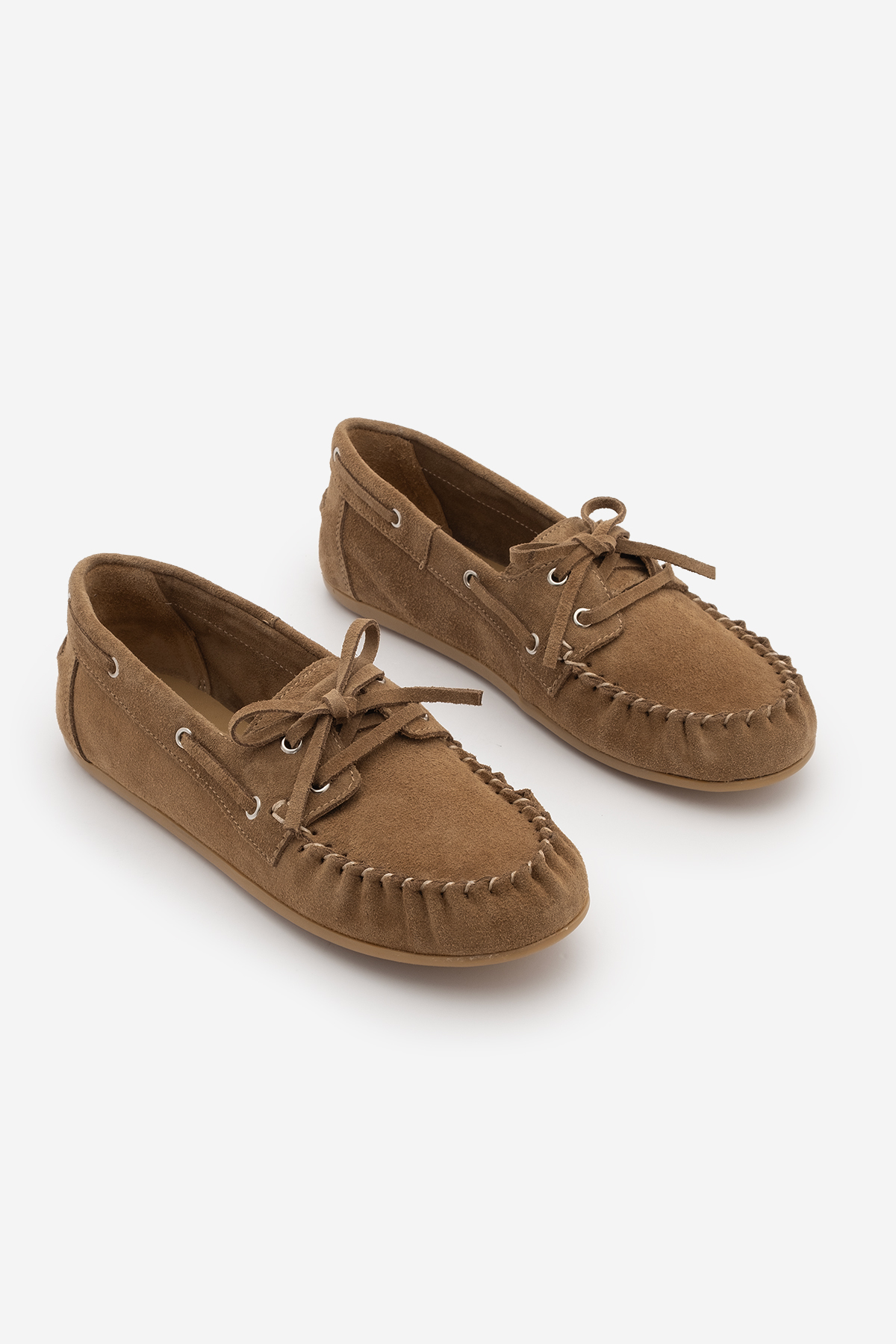 Marjin Kadın Oval Burun Hakiki Deri Bağcıklı Makosen Büzgülü Loafer Günlük Ayakkabı Rudez Camel Süet görsel 5