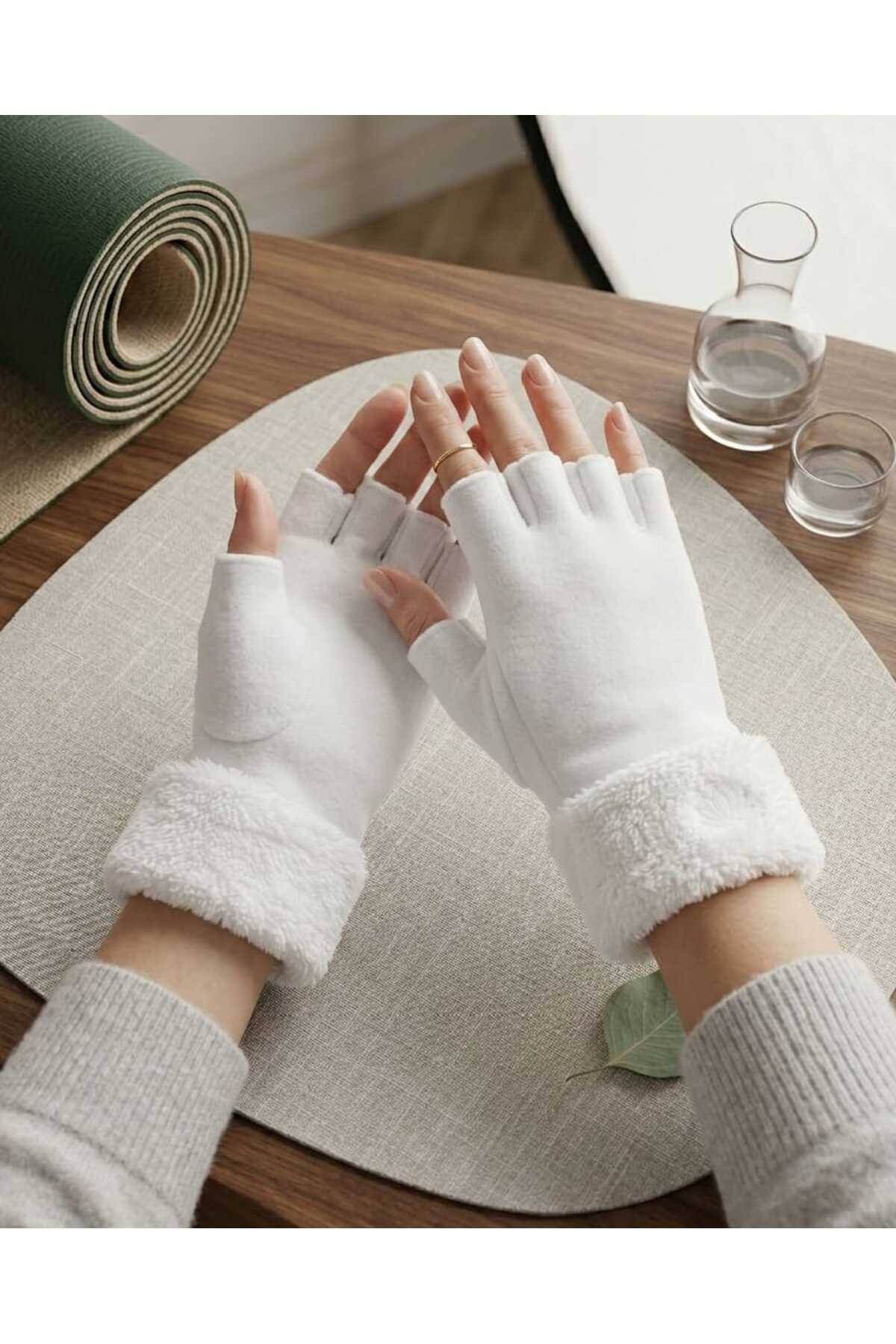 Modalight Kadın,Beyaz,Kısa parmak,Bileği Peluş Polar eldiven