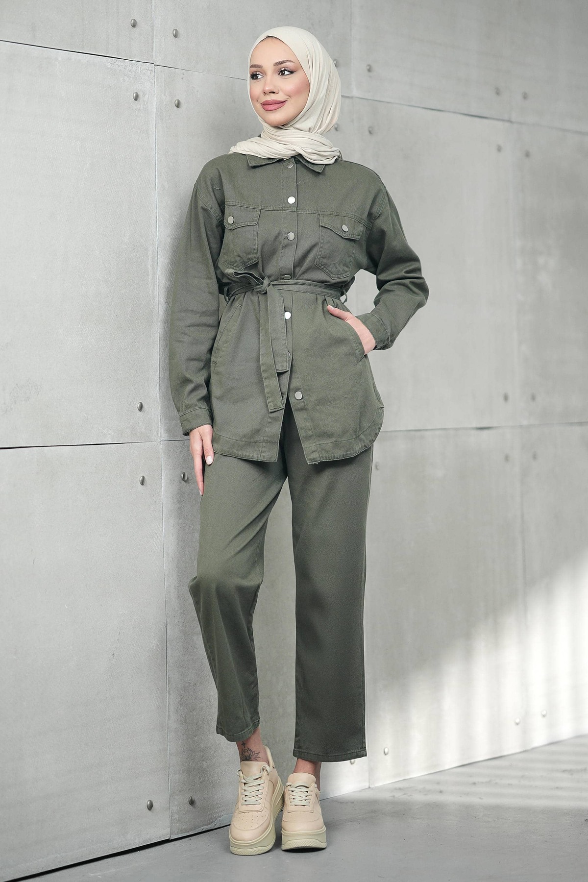 İmajButik Khaki Bel Tie-Detail Pocketed Jacket and Trousers Denim Suit