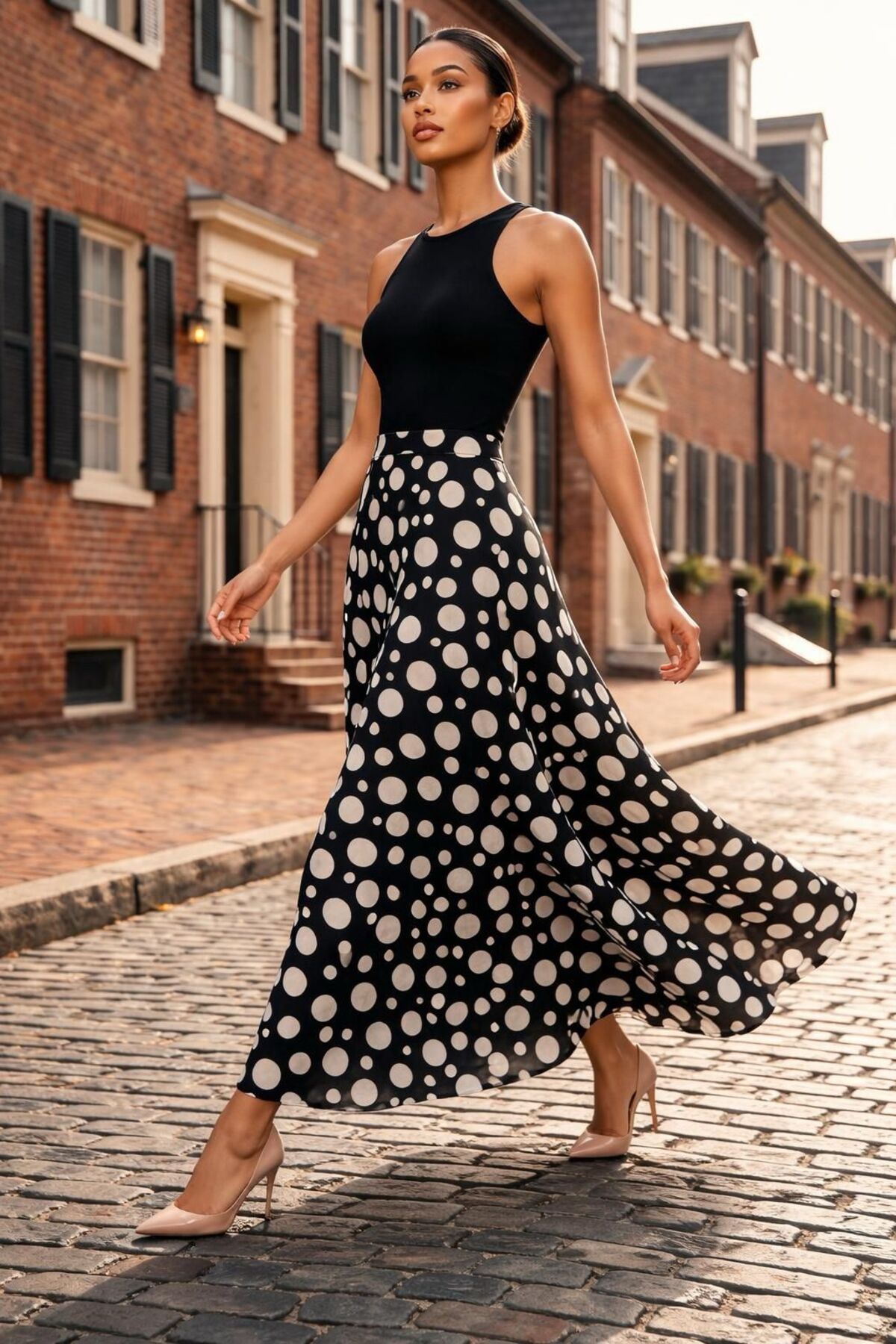 Eight Fashion  Kadın Siyah Beyaz Puantiyeli Yüksek Bel Uzun Viskon Etek - Görsel 2