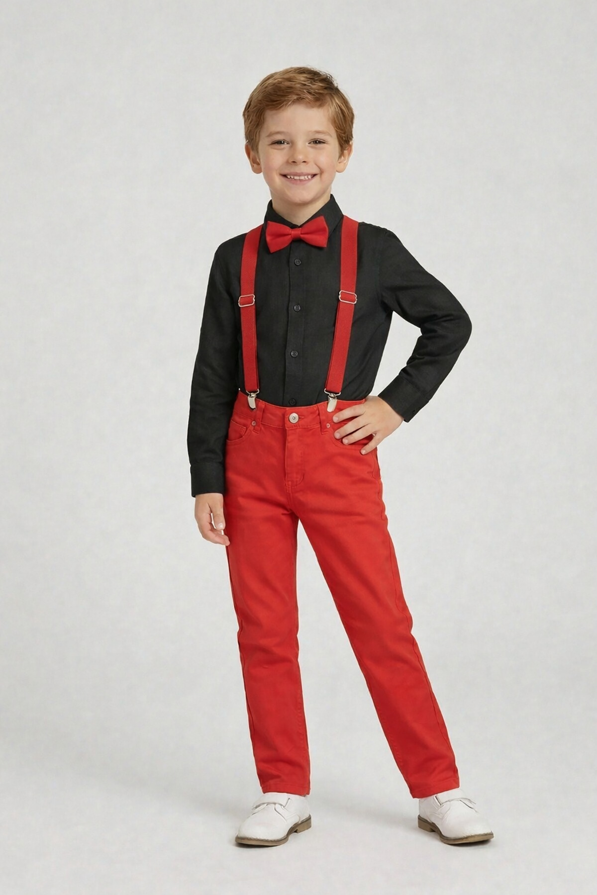 Boys Black Long Sleeve Shirt Red Pants Red Strap Bow Tie Set 23 April 29 October