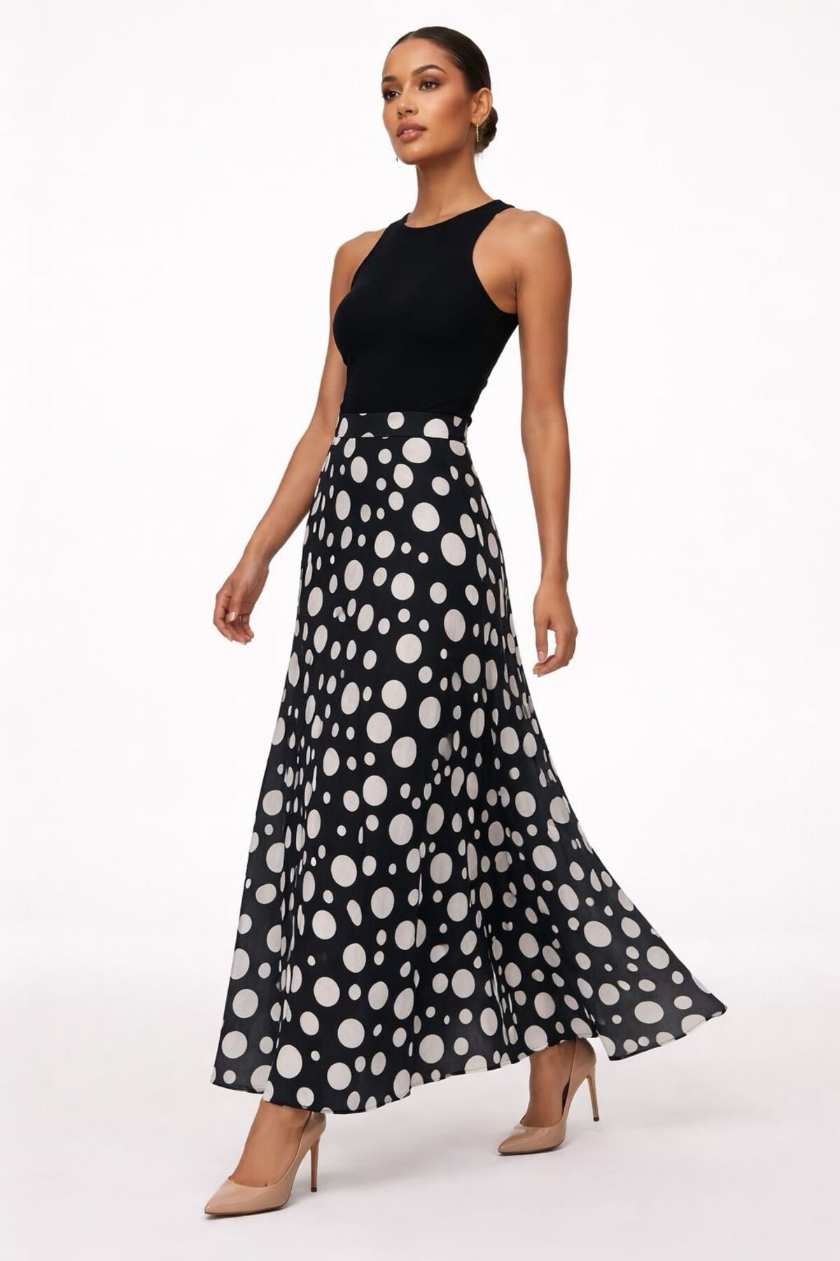 Eight Fashion  Kadın Siyah Beyaz Puantiyeli Yüksek Bel Uzun Viskon Etek - Görsel 4