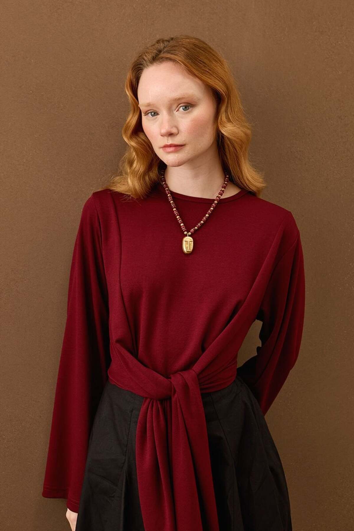 Burgundy Oysho Tie Up Blouse
