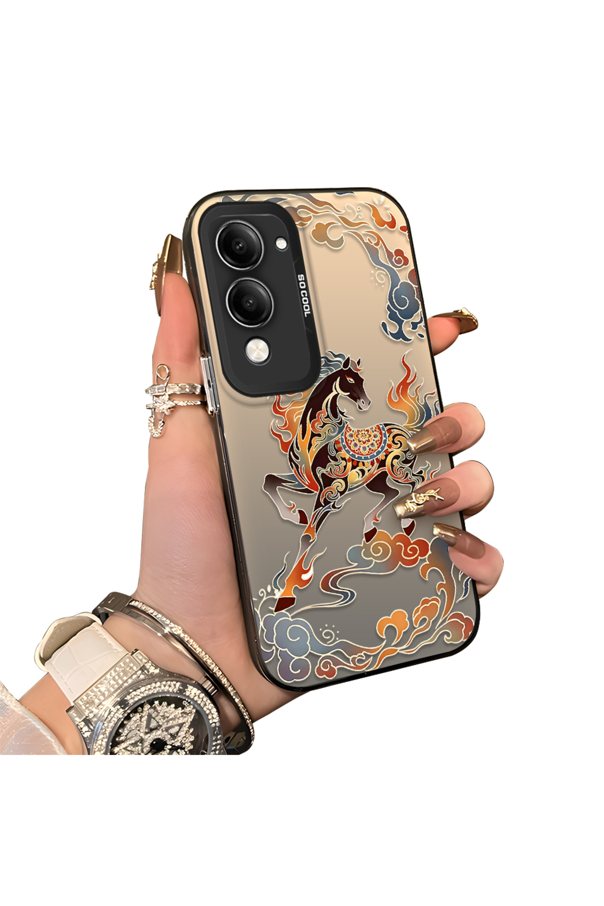 Vivo Y29S Compatible Hard Acrylic Rear Silicone Edge Lens Protection Case with Horse pattern