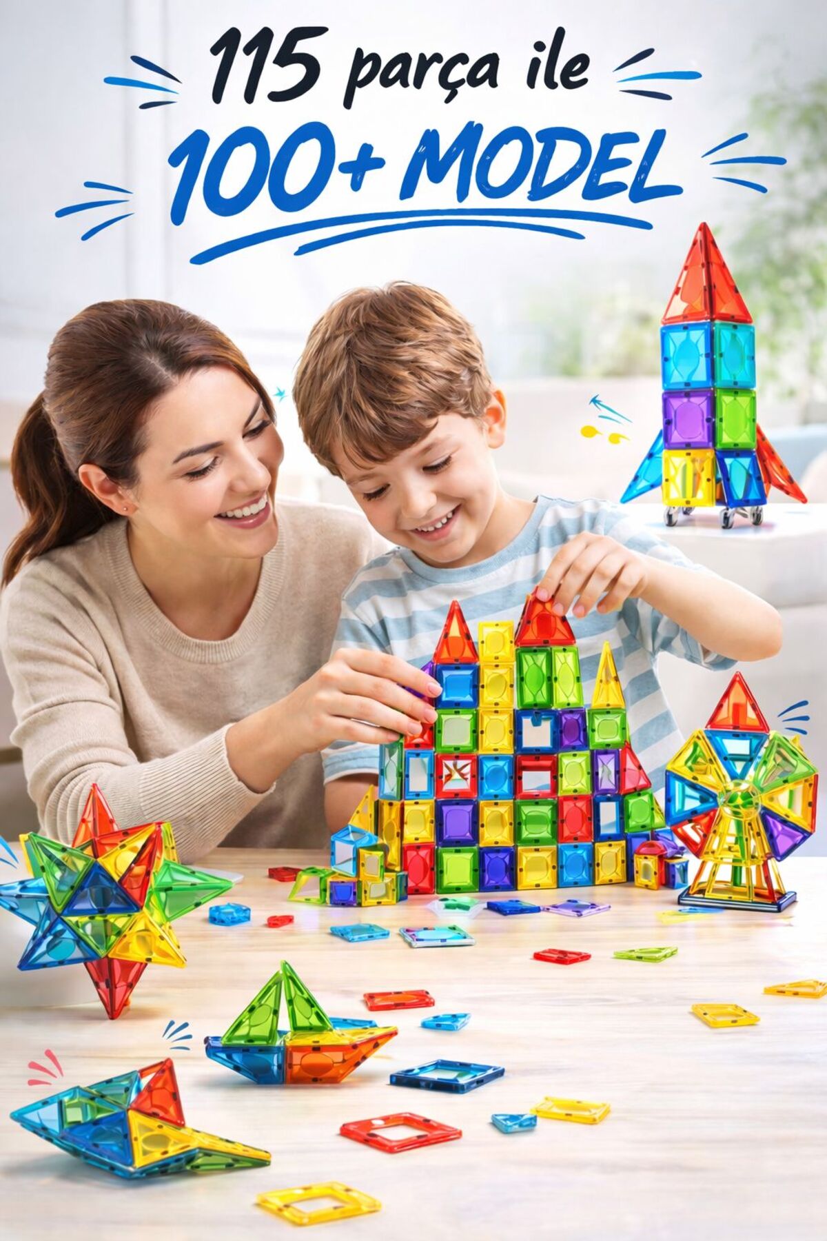 ZİVENTA Magnetic Tiles 115 Parça Manyetik Yapı Blokları Eğitici STEM Oyuncak İnşa Oyuncağı Zeka Geliştirici fotoğrafı 2 (önizleme)