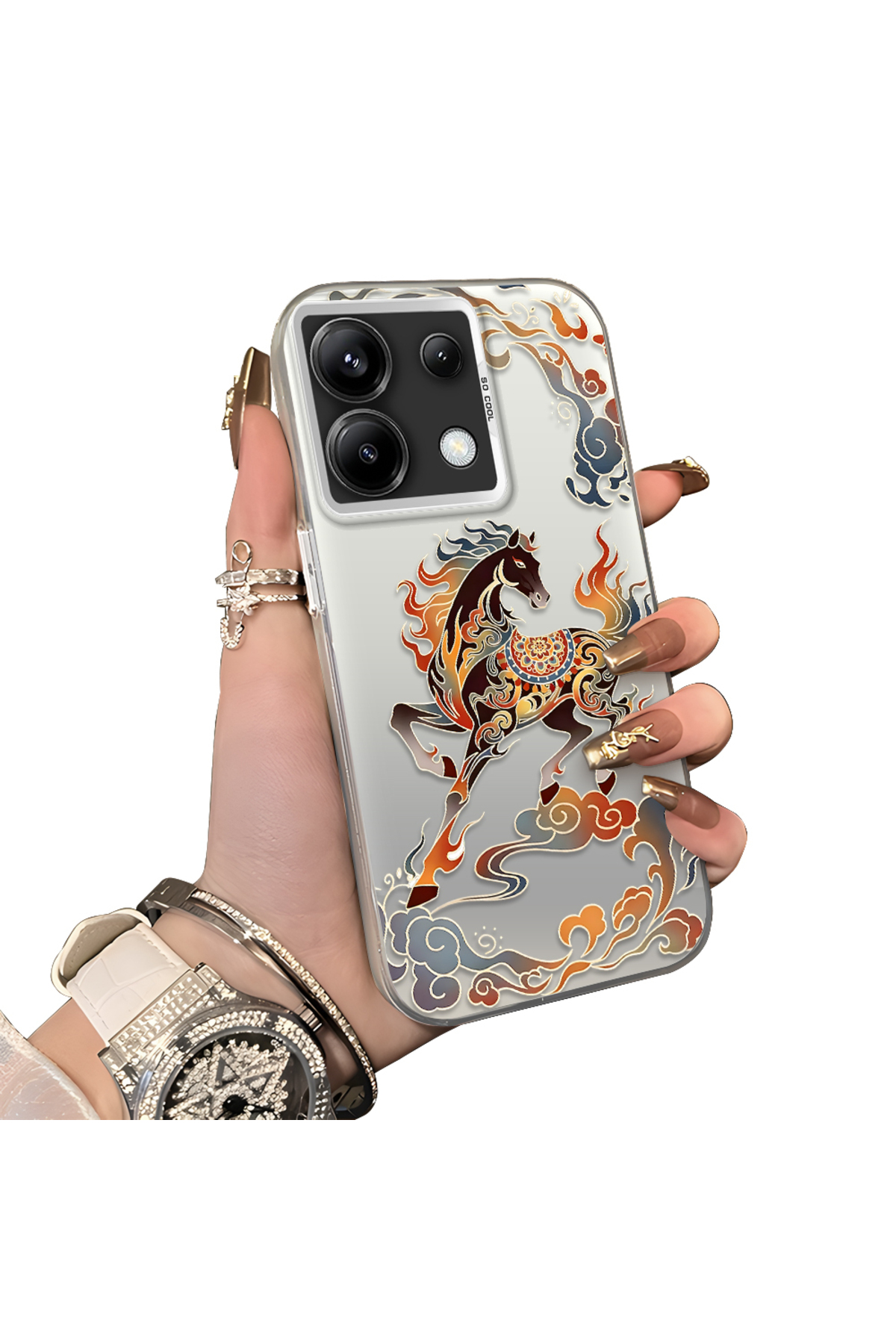 Redmi Note 13 Pro 5G Compatible Hard Acrylic Rear Silicone Edge Lens Protection Case with Horse pattern