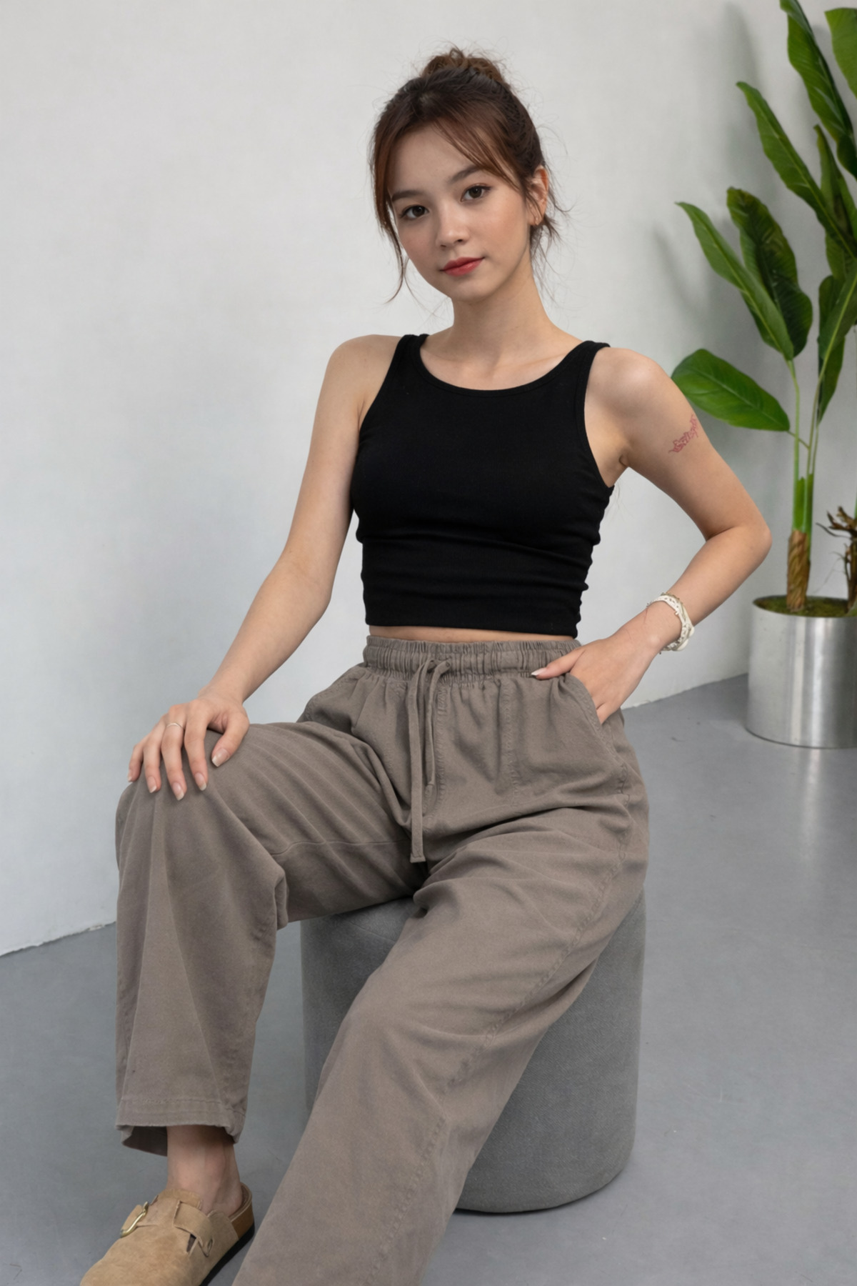 COMBİNE MİCHAİL  Kadın Beli Lastikli Bol Vizon Keten Pantolon - Görsel 4