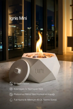 lumi atelier Lumi Ign Mini – Masaüstü Bacasız Beton Şömine + Bioethanol Yakıt...